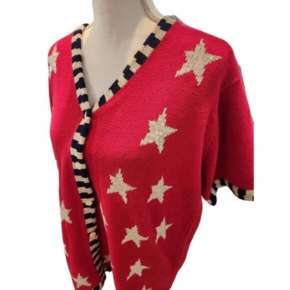 Quacker Factory Red White Blue Short Sleeve Cardigan Sweater Stars Stripe Flag L - Picture 2 of 9